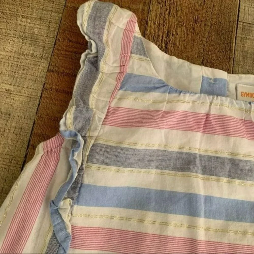 Gymboree Girls Striped Dress 4T With Ruffle Sleeves pink blue gold metallic